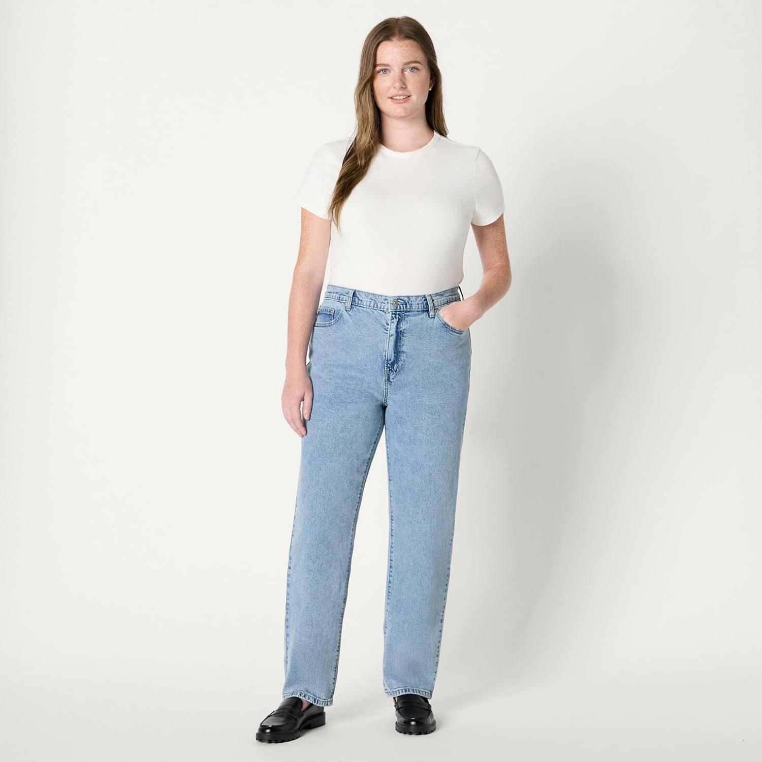 imageAmazon Essentials Womens HighRise Straight Leg JeanTinted Ice Light Wash