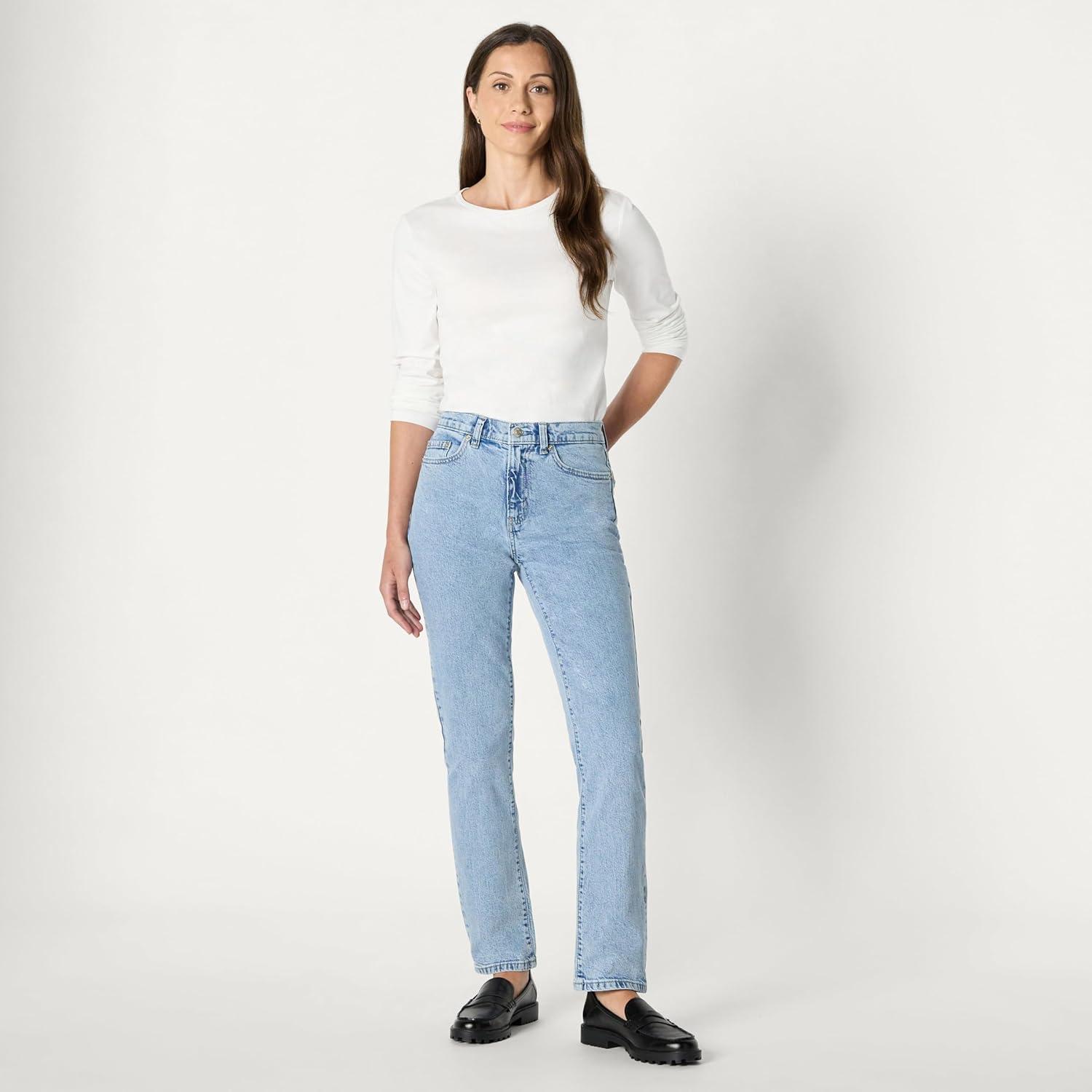 imageAmazon Essentials Womens HighRise Straight Leg JeanTinted Ice Light Wash