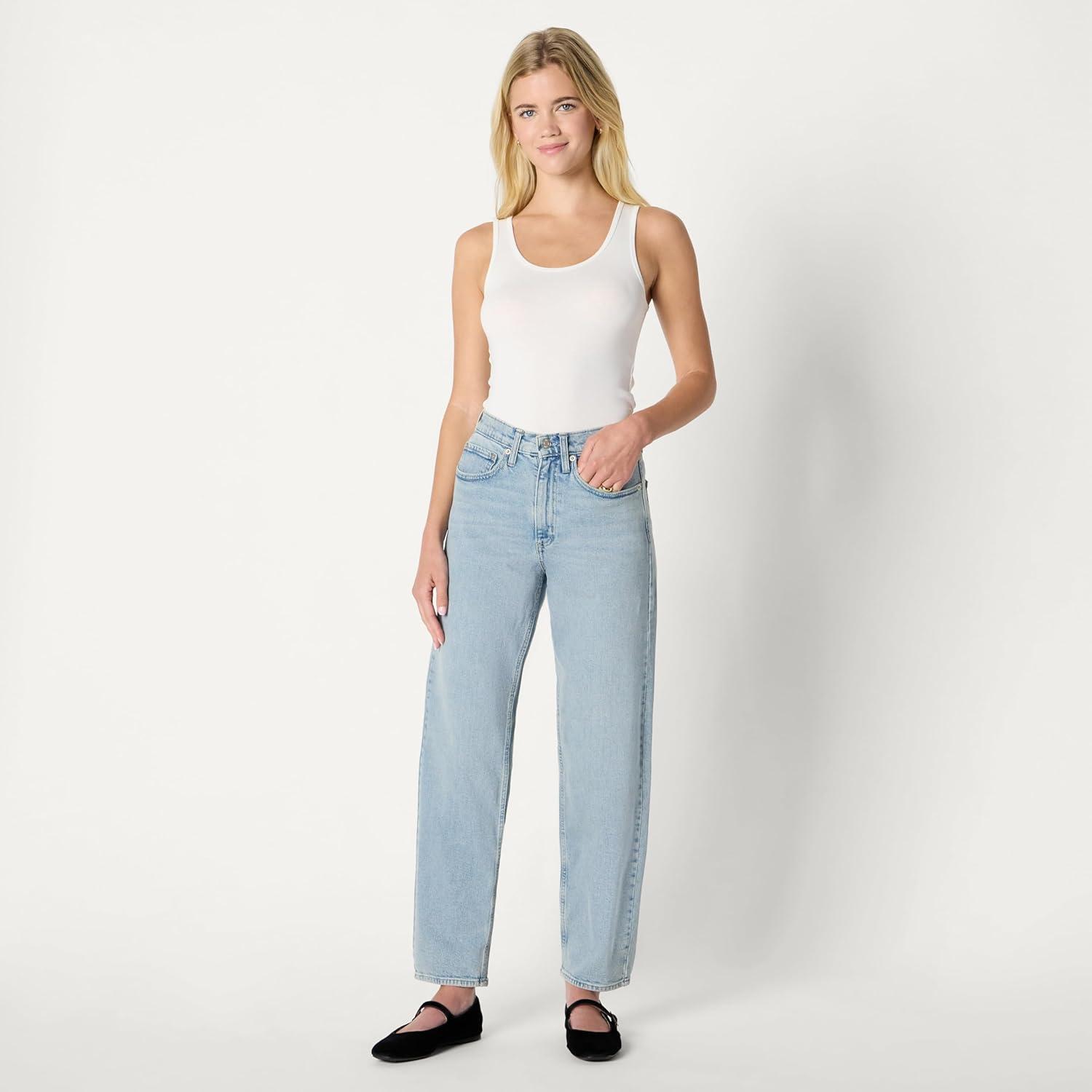 imageAmazon Essentials Womens Low Stretch HighRise Barrel Leg JeansIced Light Wash