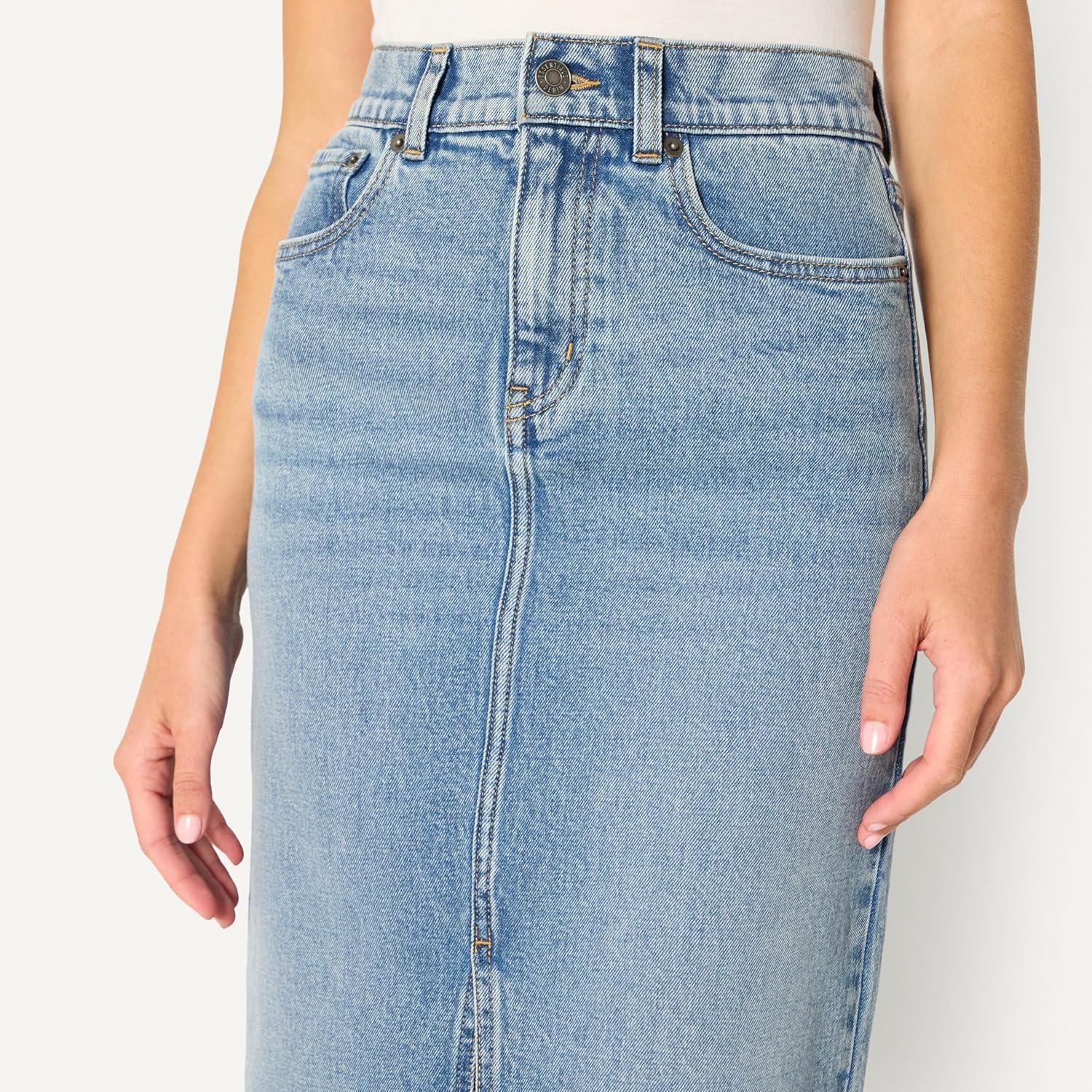 imageAmazon Essentials Womens Low Stretch RegularFit HighRise Long Jean SkirtAuthentic Medium Wash