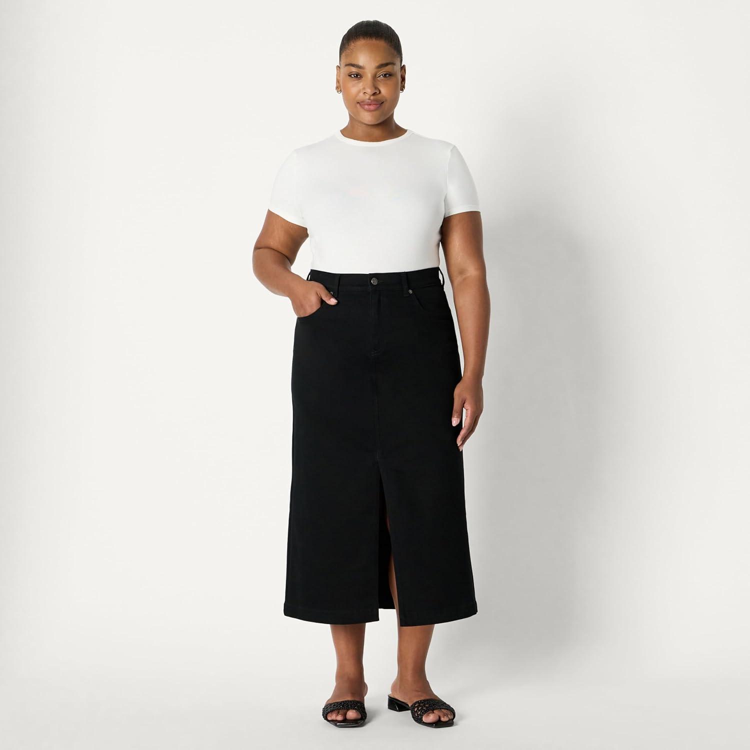 imageAmazon Essentials Womens Low Stretch RegularFit HighRise Long Jean SkirtBlack