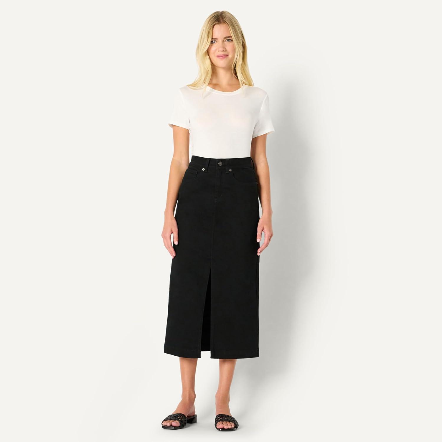 imageAmazon Essentials Womens Low Stretch RegularFit HighRise Long Jean SkirtBlack