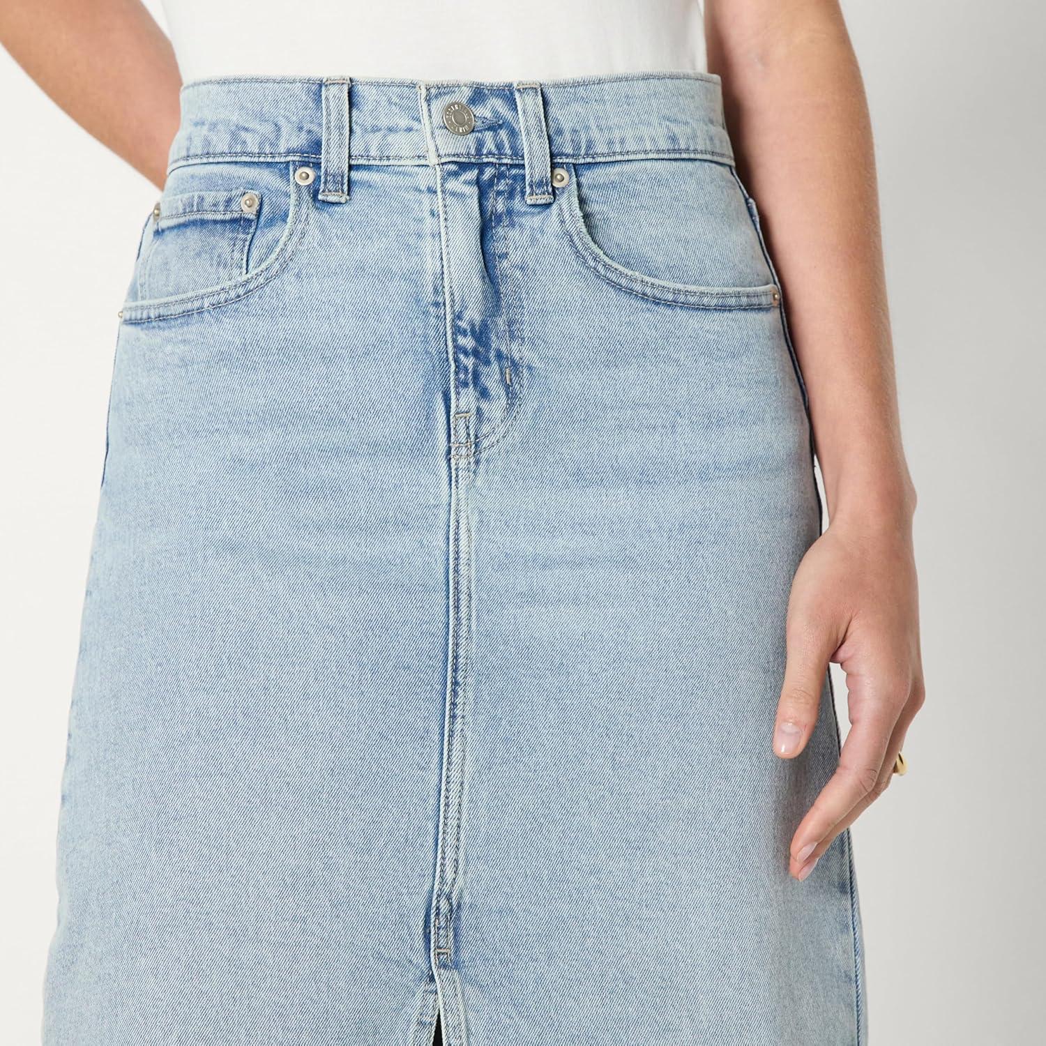 imageAmazon Essentials Womens Low Stretch RegularFit HighRise Long Jean SkirtIced Light Wash