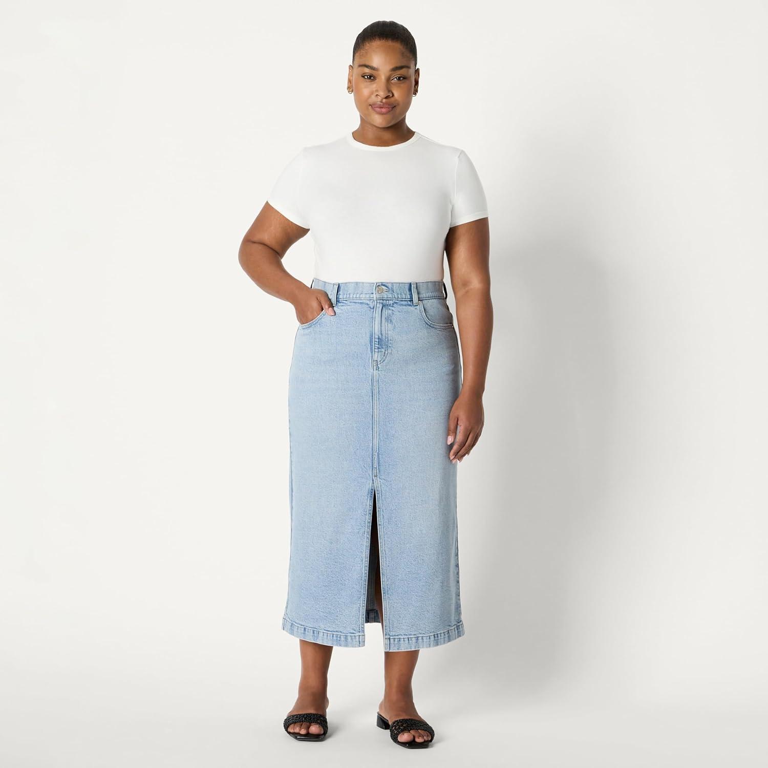 imageAmazon Essentials Womens Low Stretch RegularFit HighRise Long Jean SkirtIced Light Wash