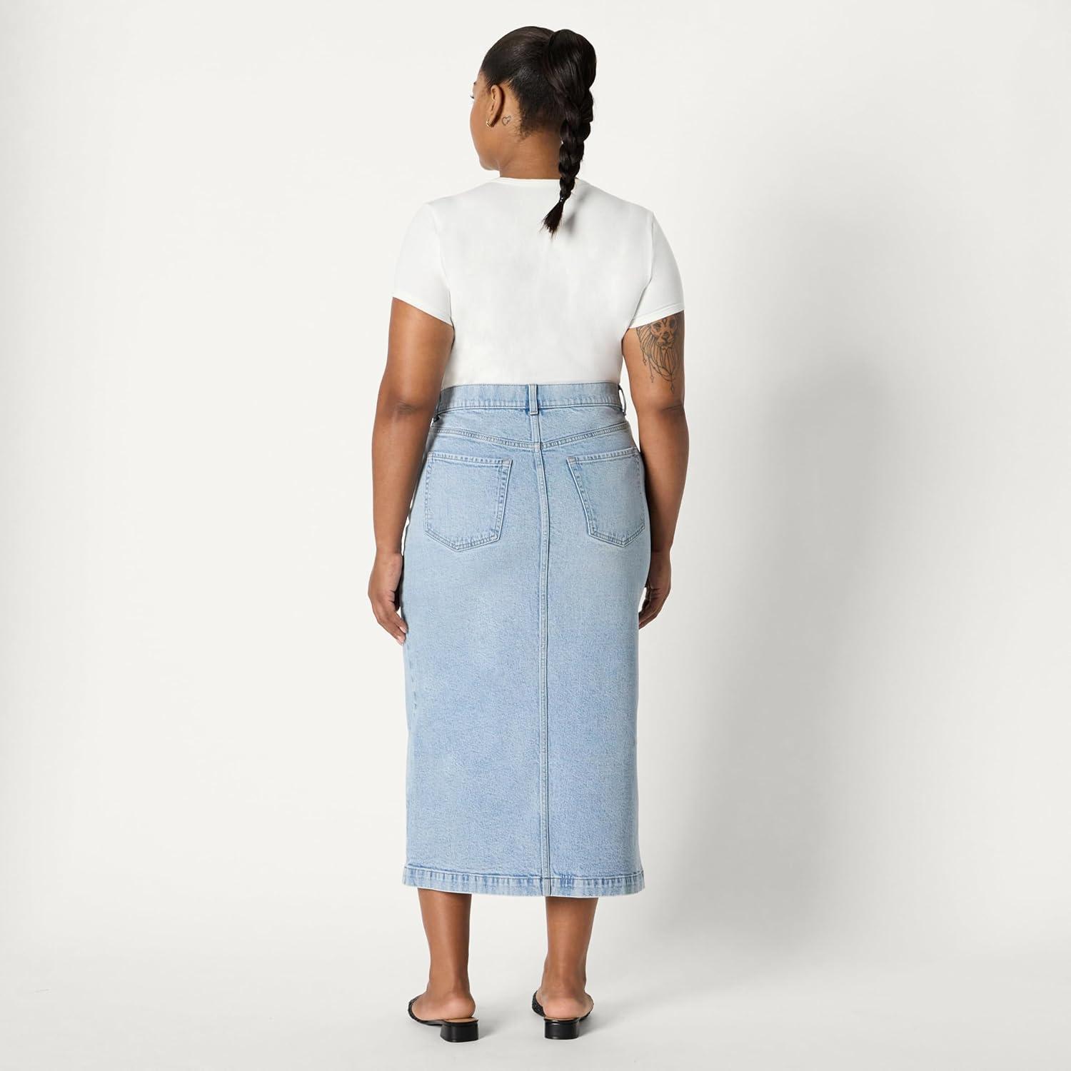 imageAmazon Essentials Womens Low Stretch RegularFit HighRise Long Jean SkirtIced Light Wash