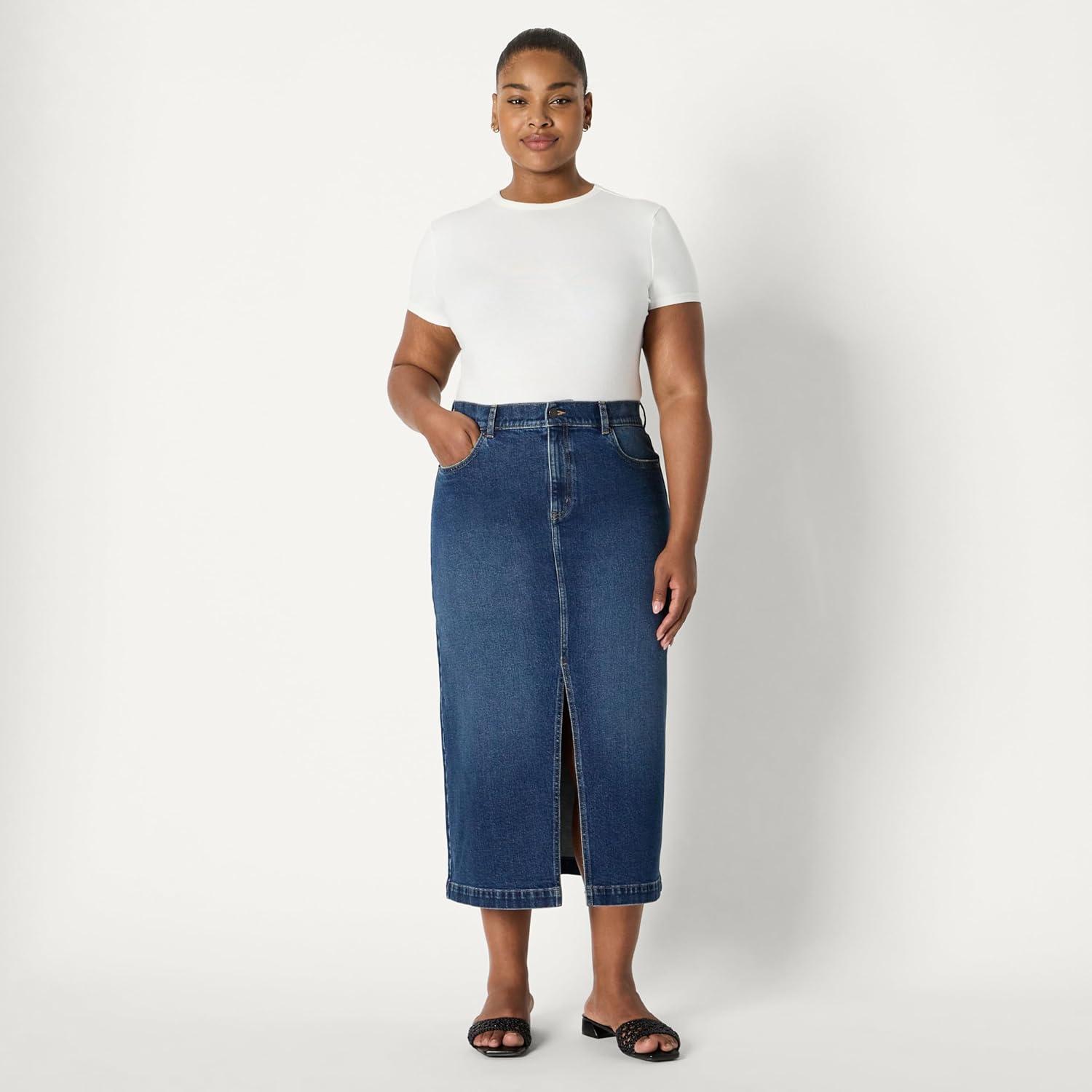 imageAmazon Essentials Womens Low Stretch RegularFit HighRise Long Jean SkirtStone Dark Wash