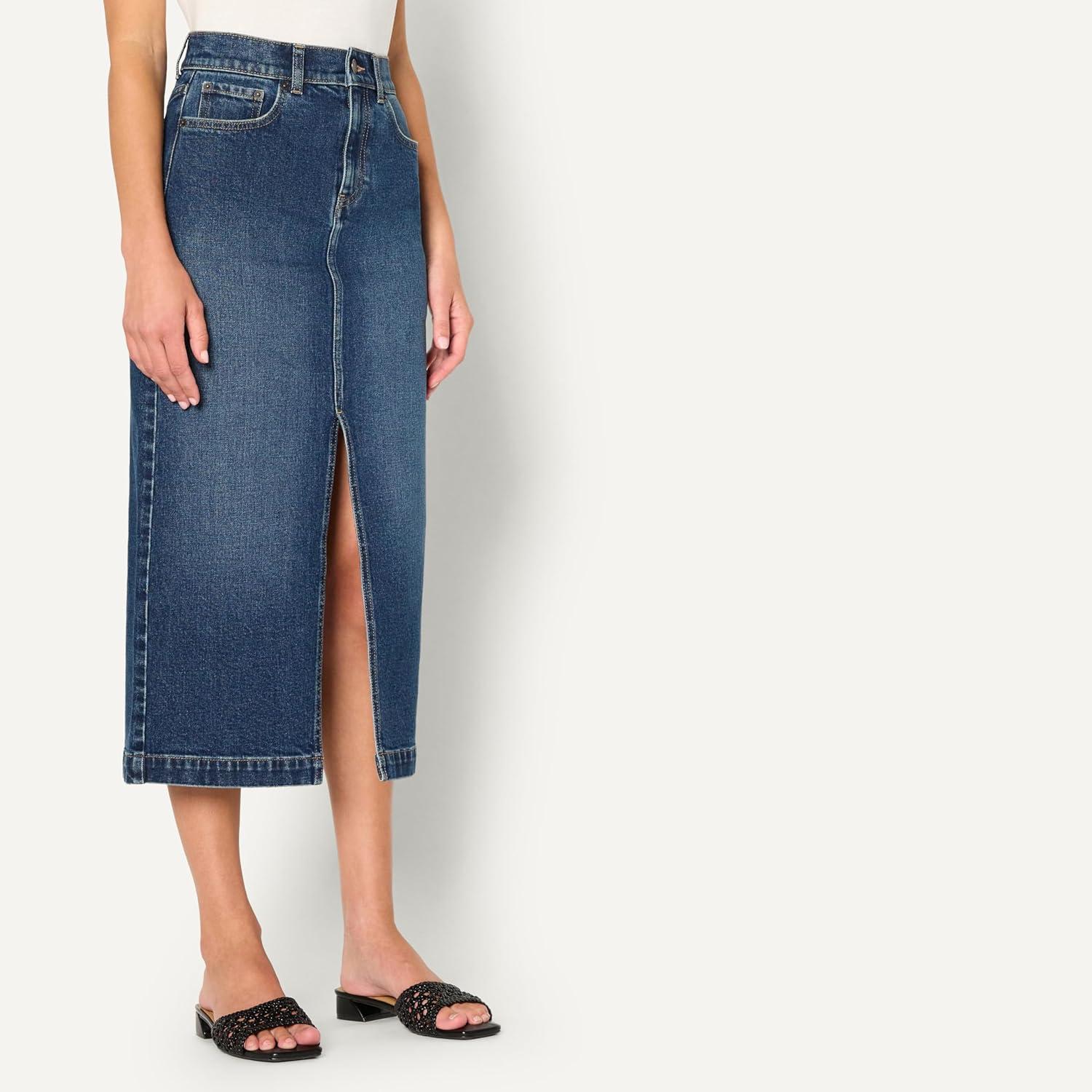 imageAmazon Essentials Womens Low Stretch RegularFit HighRise Long Jean SkirtStone Dark Wash