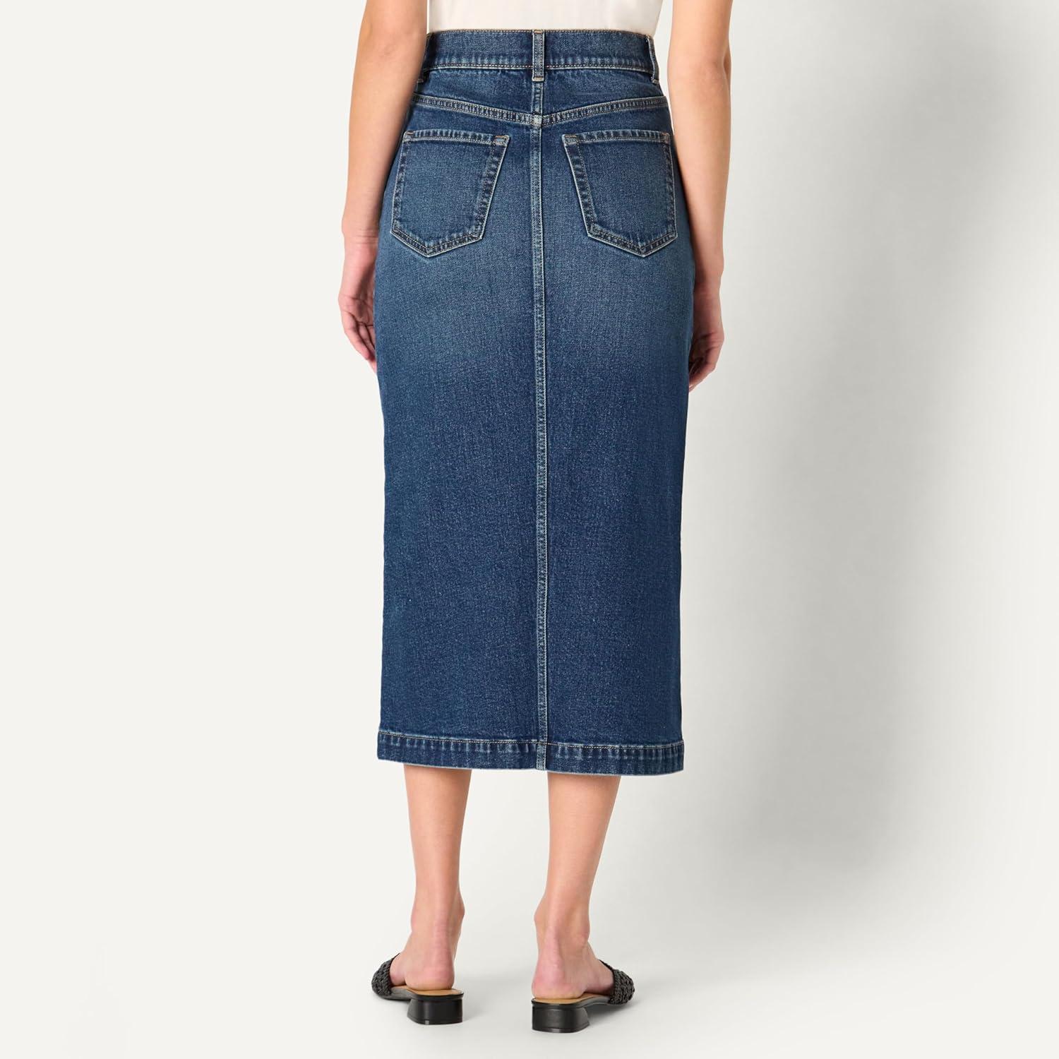 imageAmazon Essentials Womens Low Stretch RegularFit HighRise Long Jean SkirtStone Dark Wash