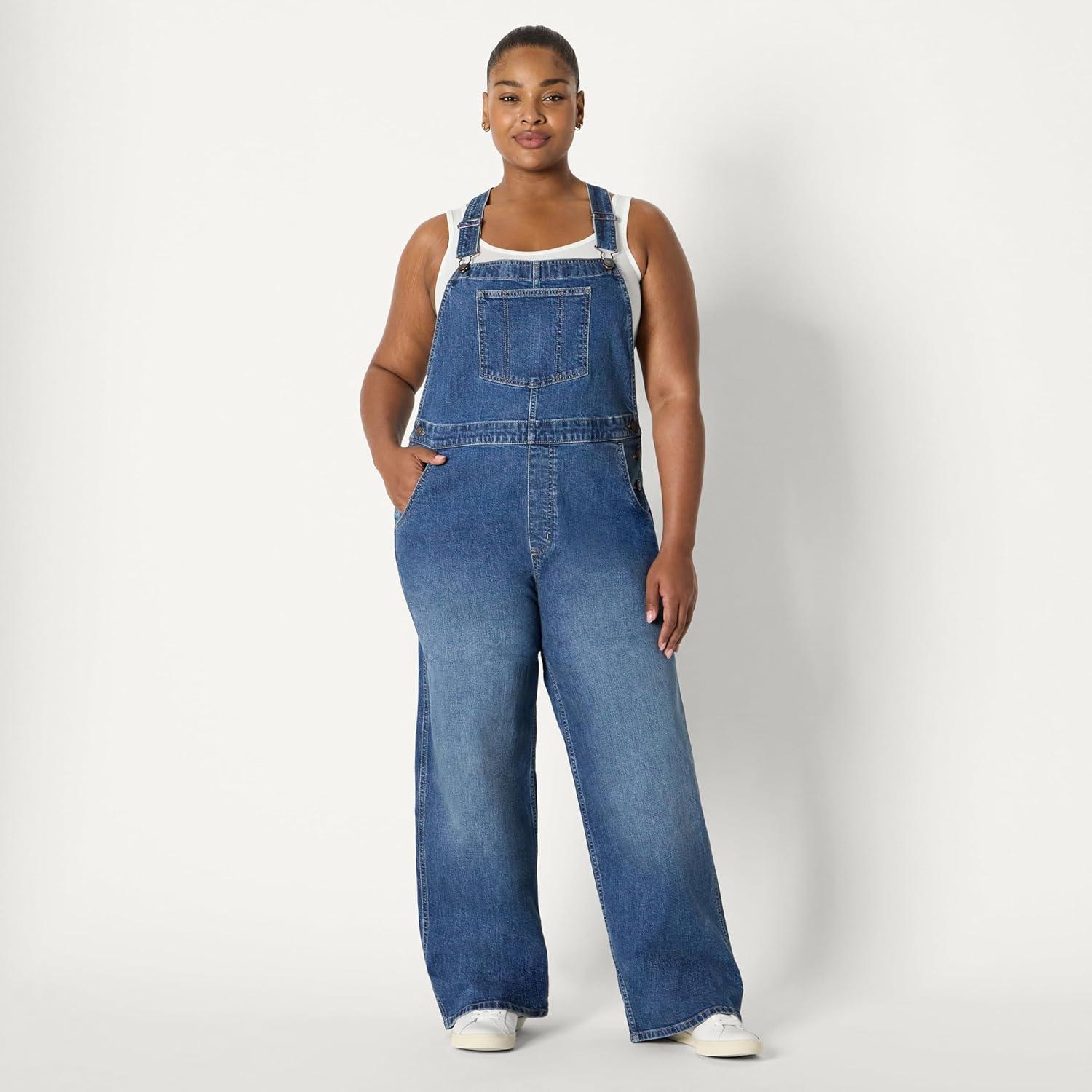 imageAmazon Essentials Womens Medium Stretch Denim RelaxedFit Straight Leg OverallsClassic Medium Wash