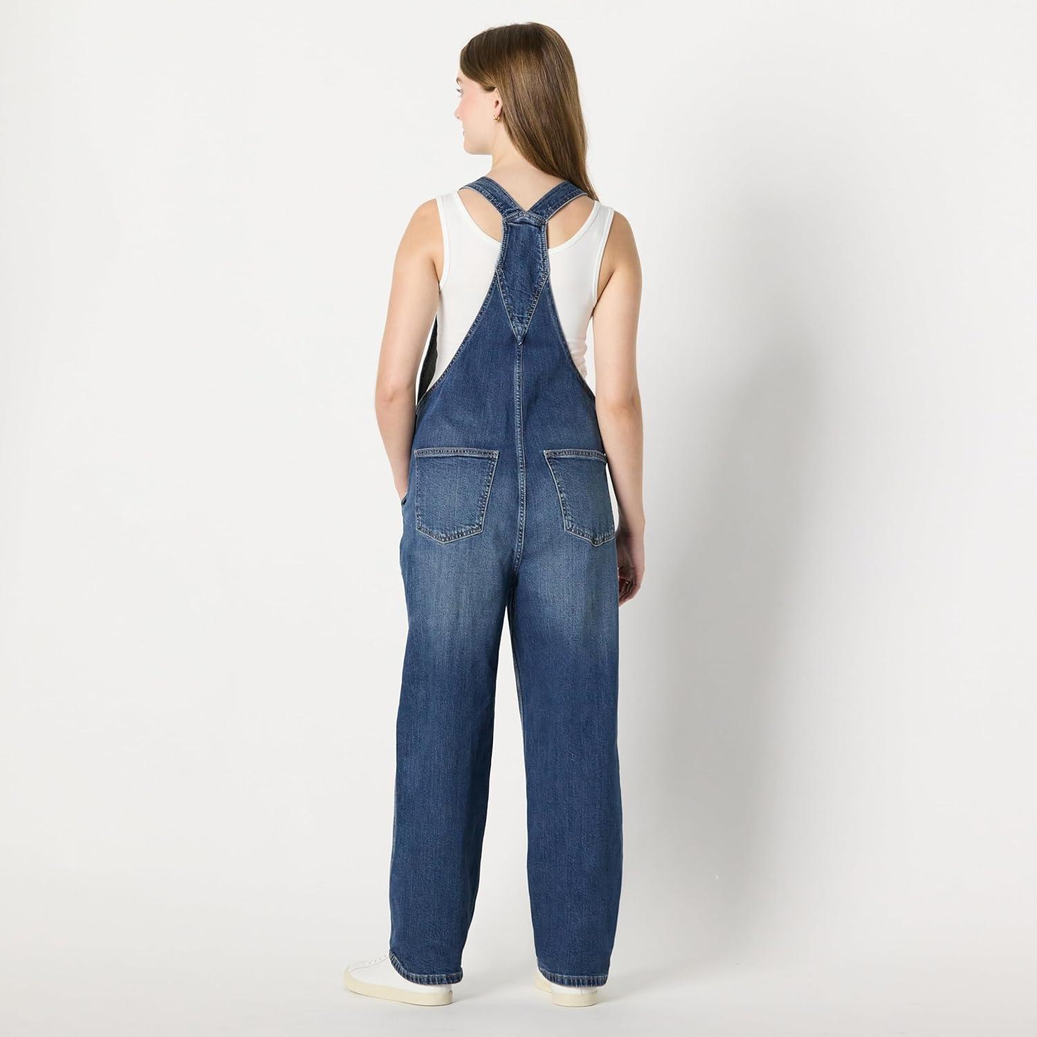 imageAmazon Essentials Womens Medium Stretch Denim RelaxedFit Straight Leg OverallsClassic Medium Wash