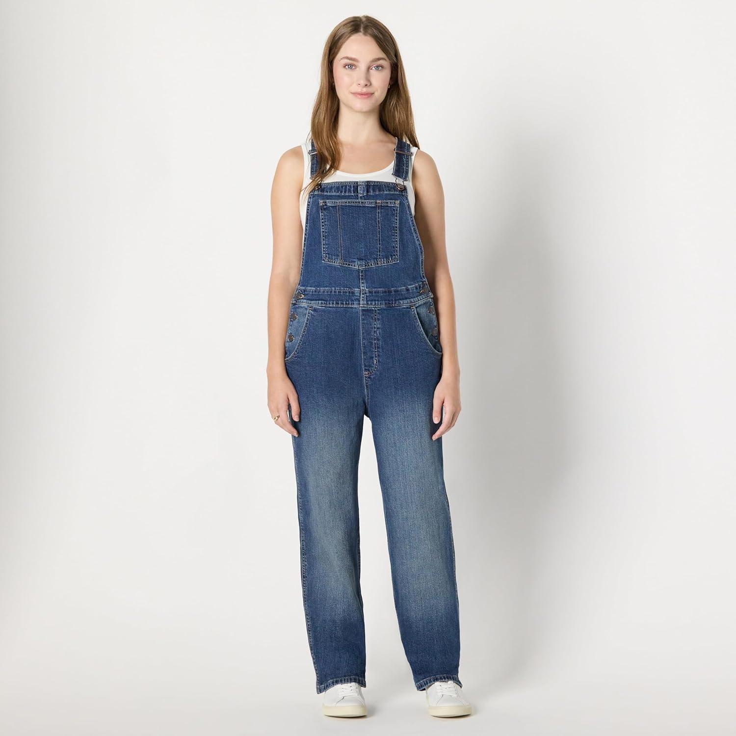 imageAmazon Essentials Womens Medium Stretch Denim RelaxedFit Straight Leg OverallsClassic Medium Wash