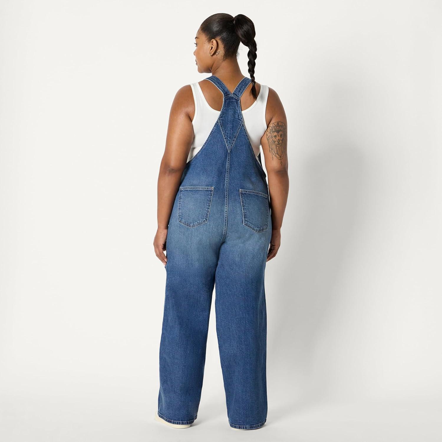 imageAmazon Essentials Womens Medium Stretch Denim RelaxedFit Straight Leg OverallsClassic Medium Wash