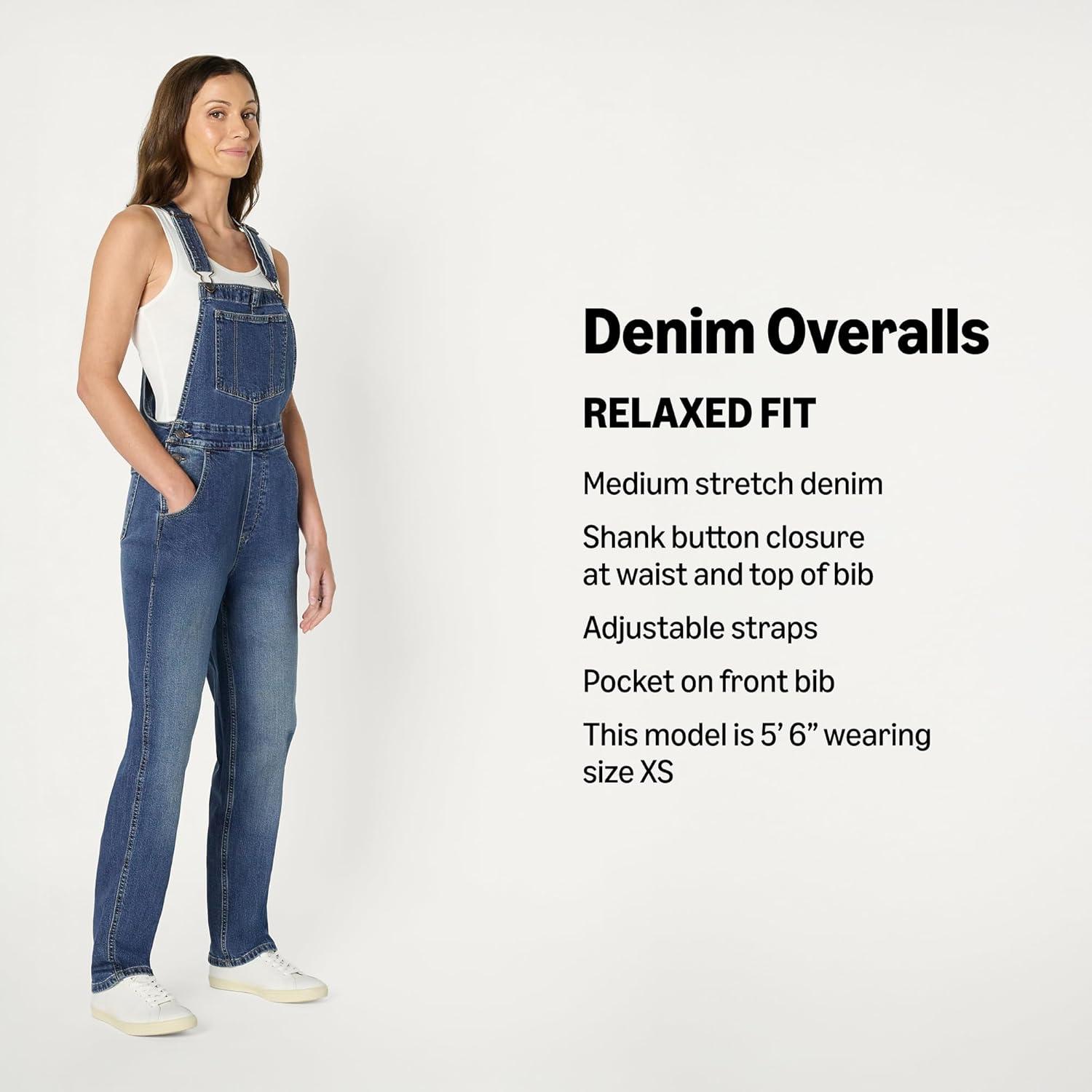 imageAmazon Essentials Womens Medium Stretch Denim RelaxedFit Straight Leg OverallsClassic Medium Wash