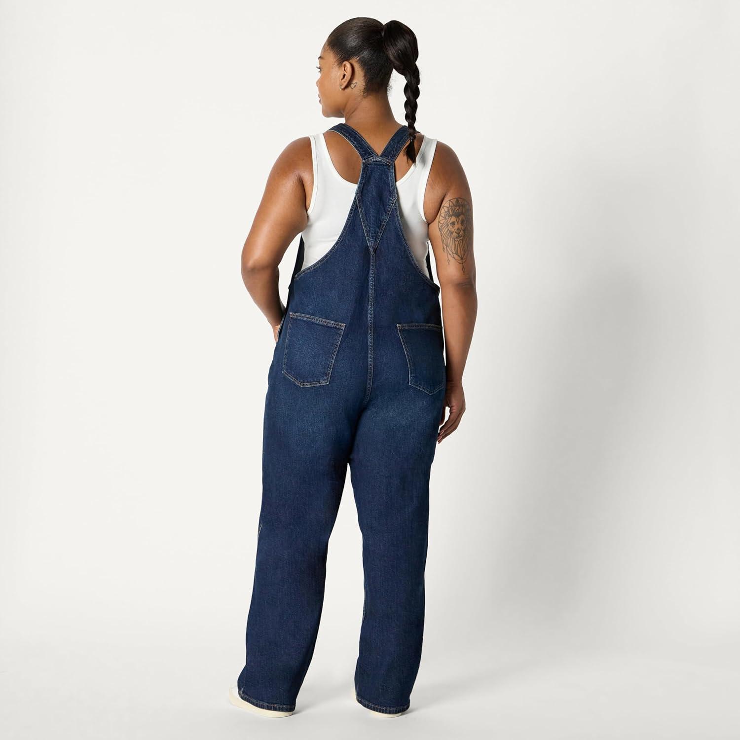 imageAmazon Essentials Womens Medium Stretch Denim RelaxedFit Straight Leg OverallsDark Midnight Wash