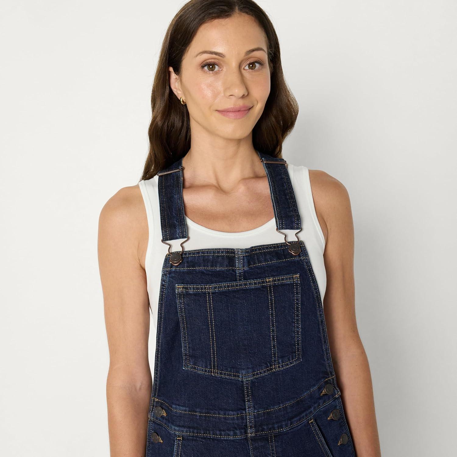 imageAmazon Essentials Womens Medium Stretch Denim RelaxedFit Straight Leg OverallsDark Midnight Wash