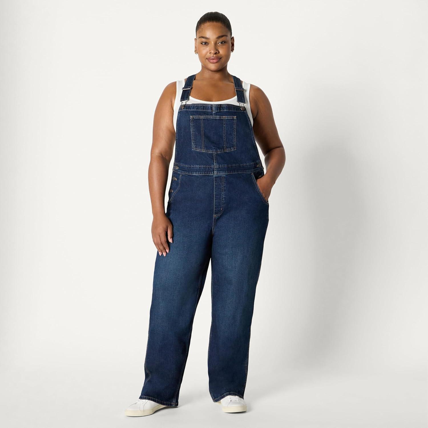 imageAmazon Essentials Womens Medium Stretch Denim RelaxedFit Straight Leg OverallsDark Midnight Wash