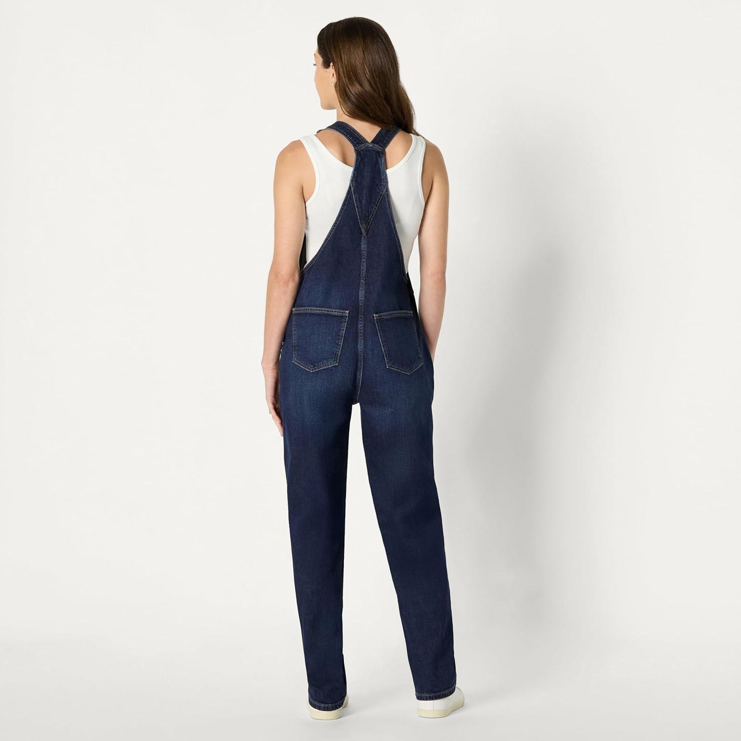 imageAmazon Essentials Womens Medium Stretch Denim RelaxedFit Straight Leg OverallsDark Midnight Wash