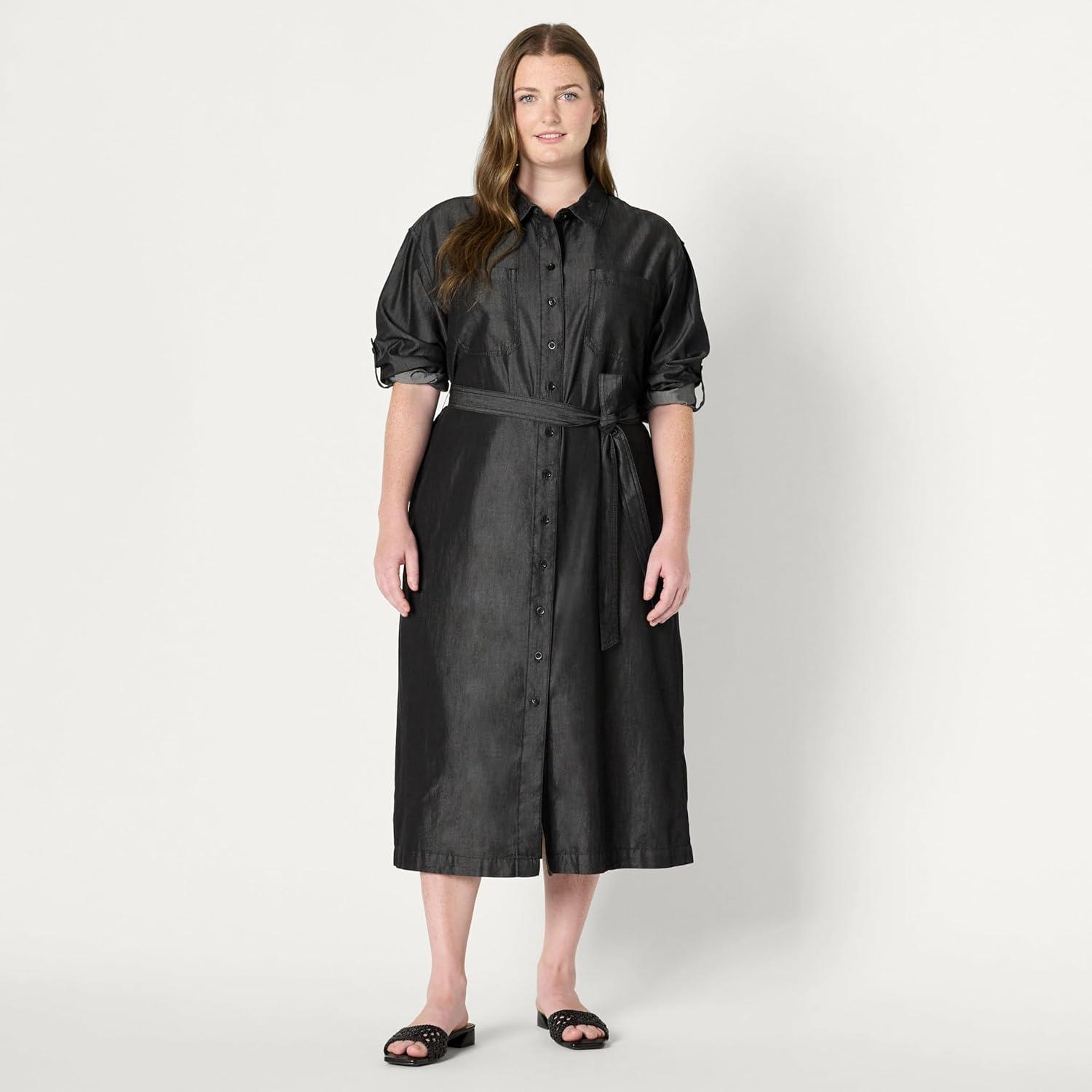 imageAmazon Essentials Womens RegularFit Denim Chambray LongSleeve ButtonUp Midi DressBlack Wash