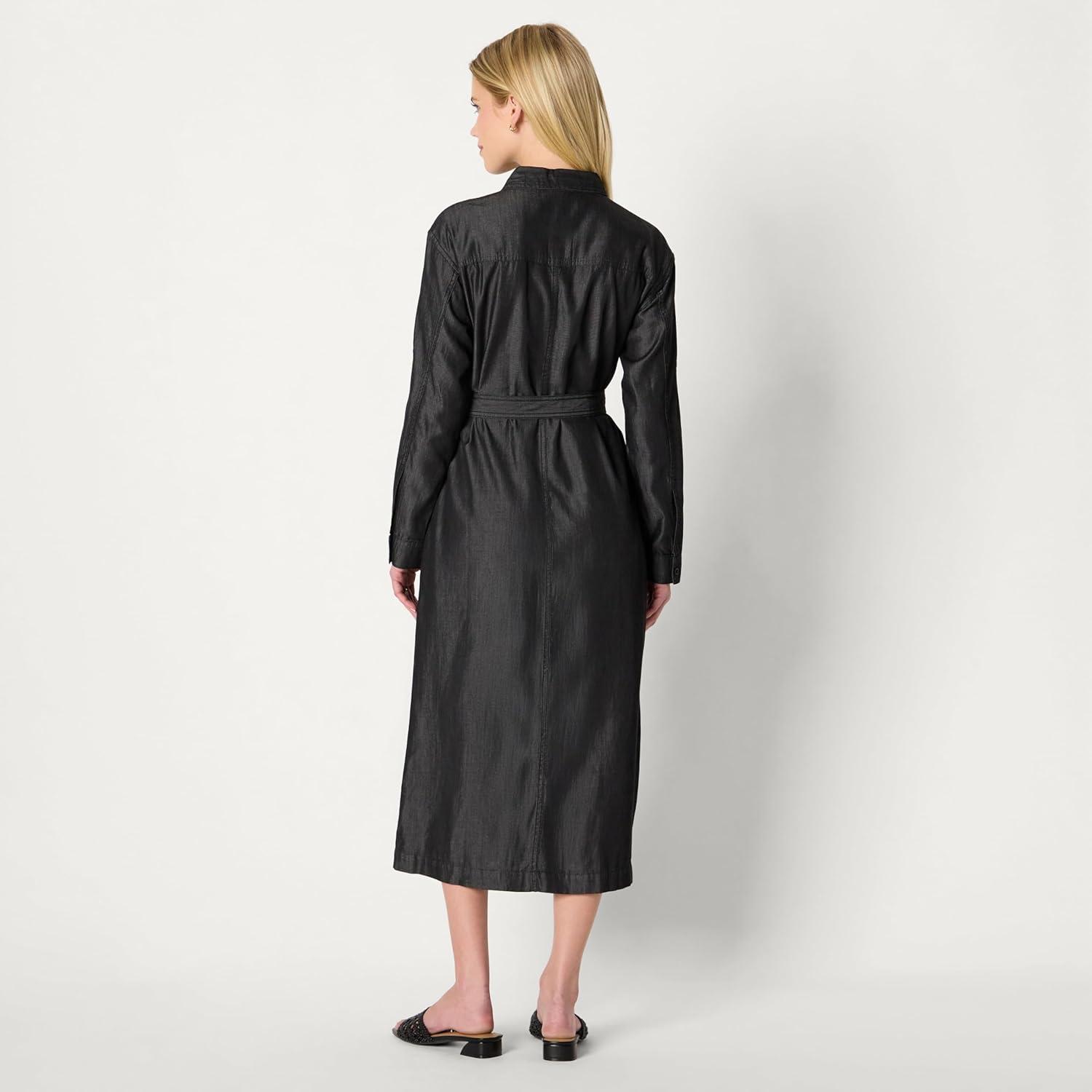 imageAmazon Essentials Womens RegularFit Denim Chambray LongSleeve ButtonUp Midi DressBlack Wash