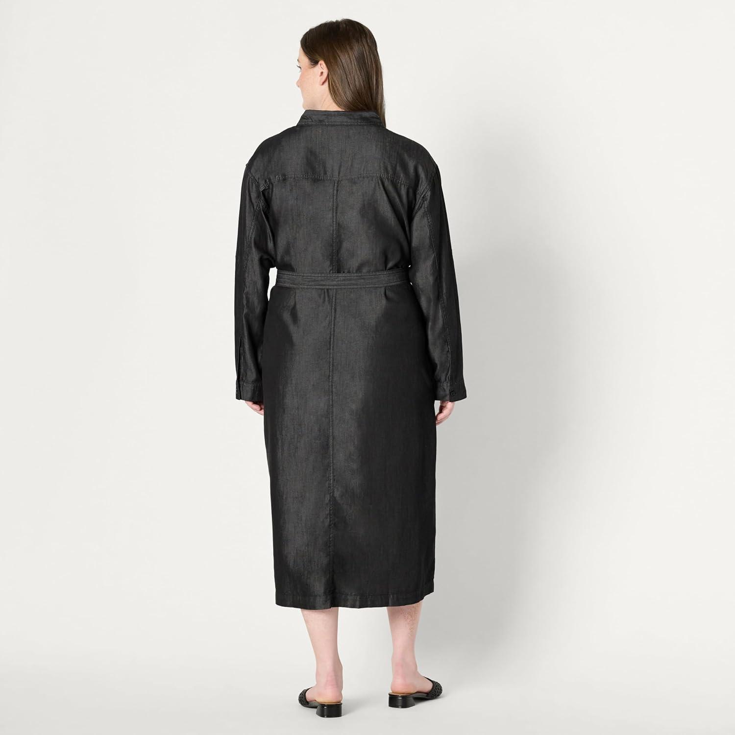 imageAmazon Essentials Womens RegularFit Denim Chambray LongSleeve ButtonUp Midi DressBlack Wash