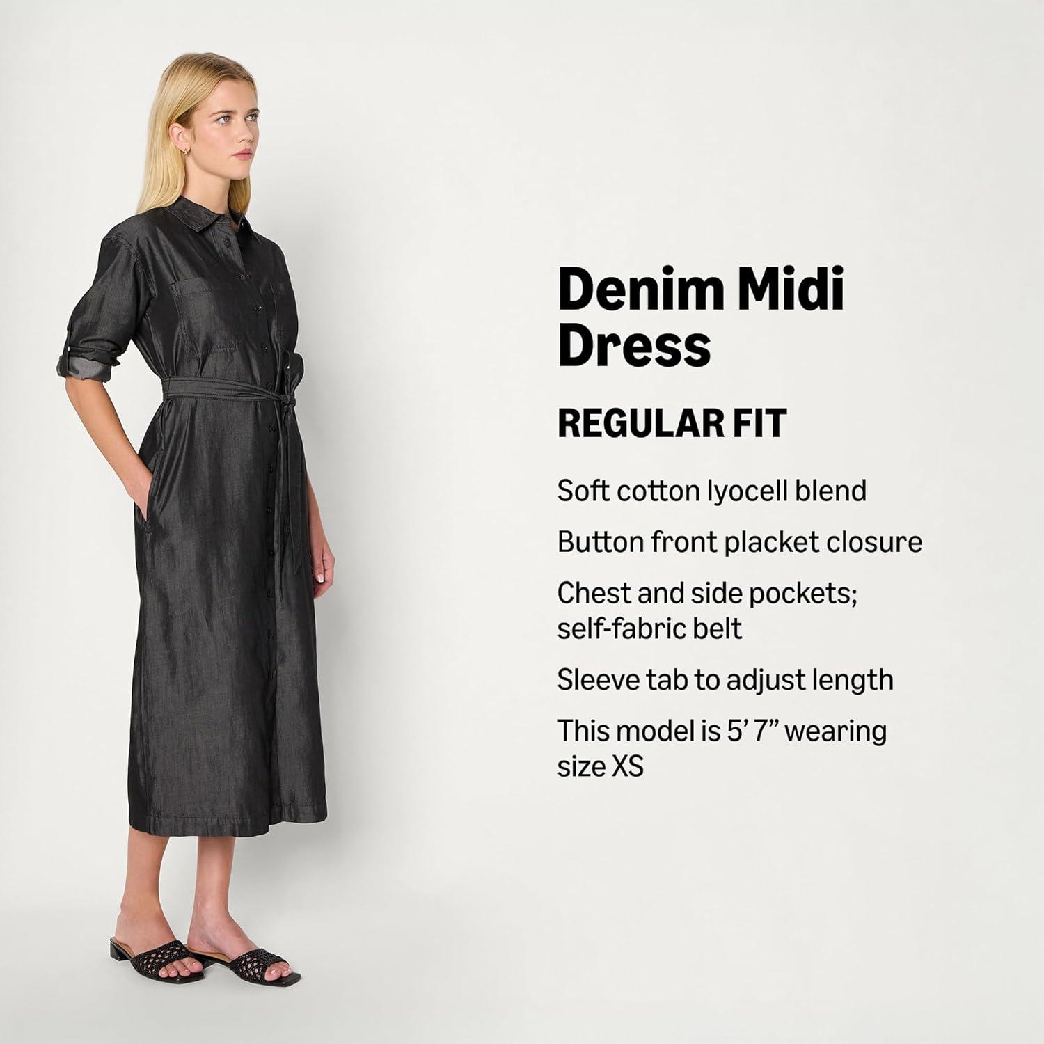 imageAmazon Essentials Womens RegularFit Denim Chambray LongSleeve ButtonUp Midi DressBlack Wash