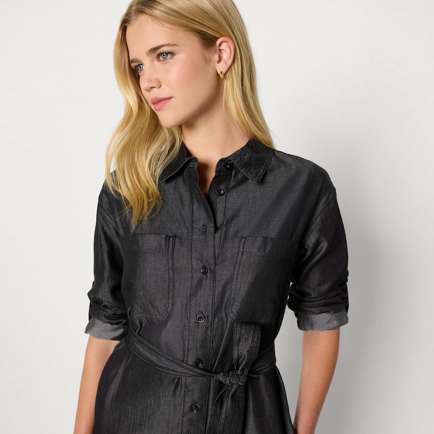 imageAmazon Essentials Womens RegularFit Denim Chambray LongSleeve ButtonUp Midi DressBlack Wash