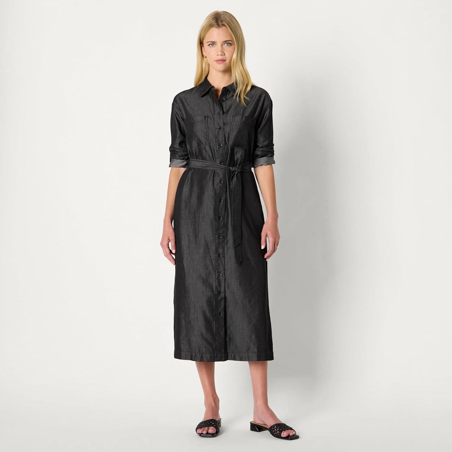 imageAmazon Essentials Womens RegularFit Denim Chambray LongSleeve ButtonUp Midi DressBlack Wash