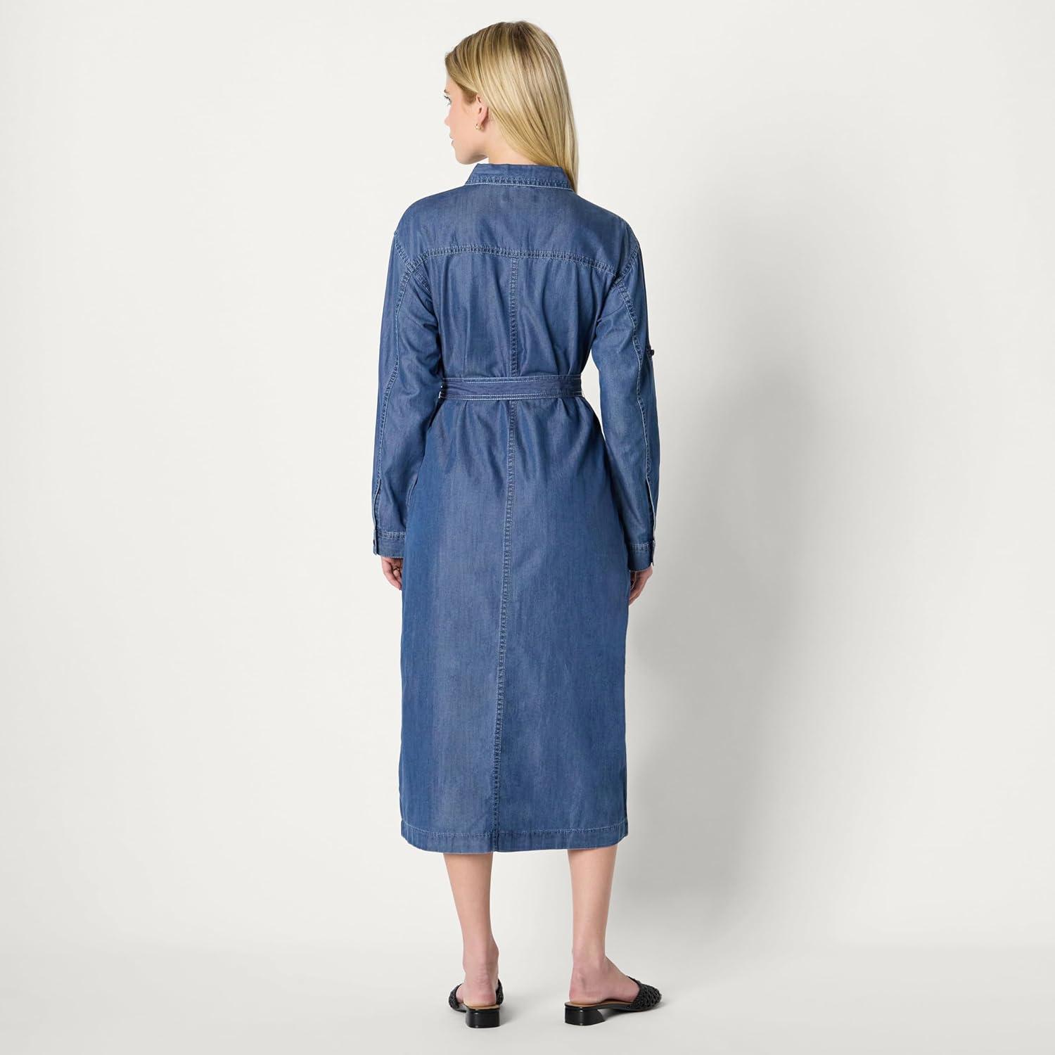 imageAmazon Essentials Womens RegularFit Denim Chambray LongSleeve ButtonUp Midi DressClassic Medium Wash