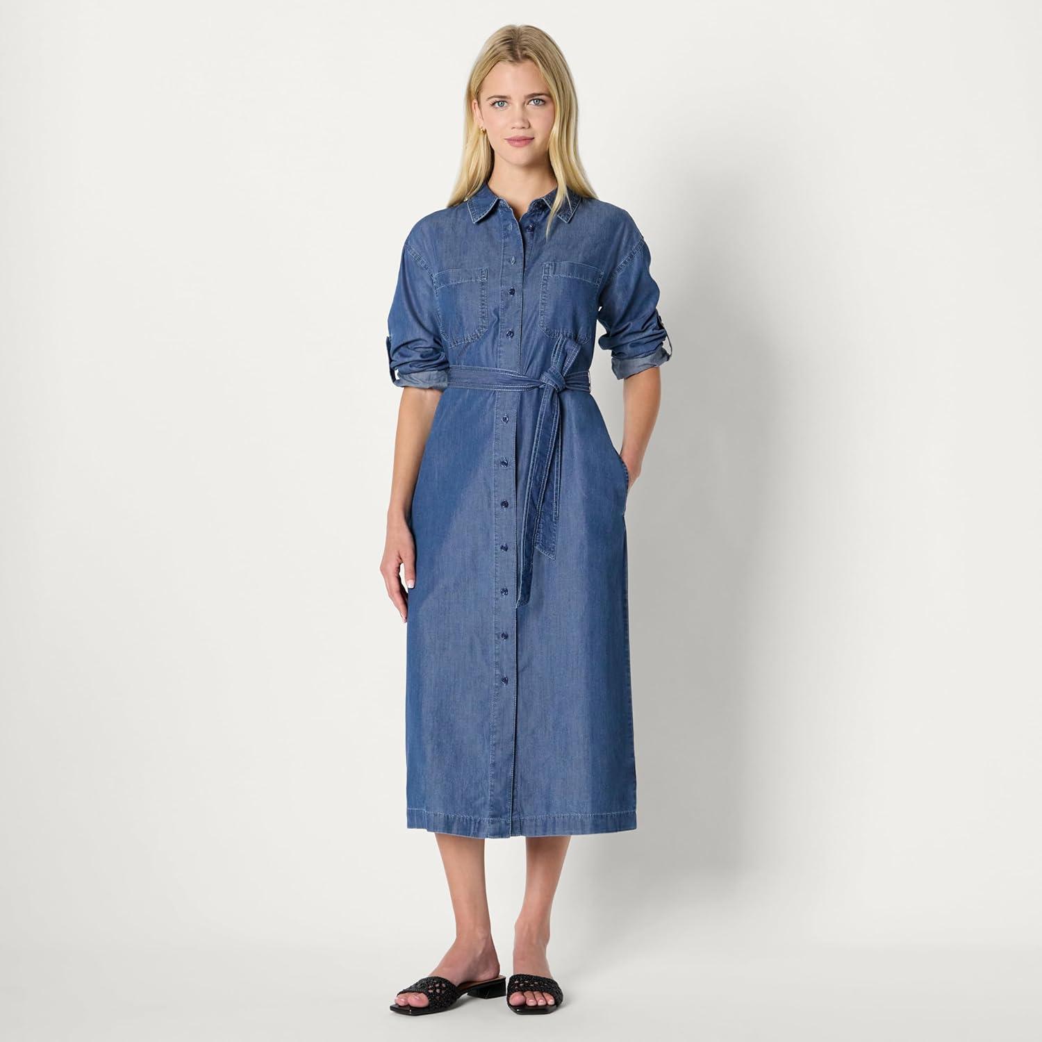 imageAmazon Essentials Womens RegularFit Denim Chambray LongSleeve ButtonUp Midi DressClassic Medium Wash