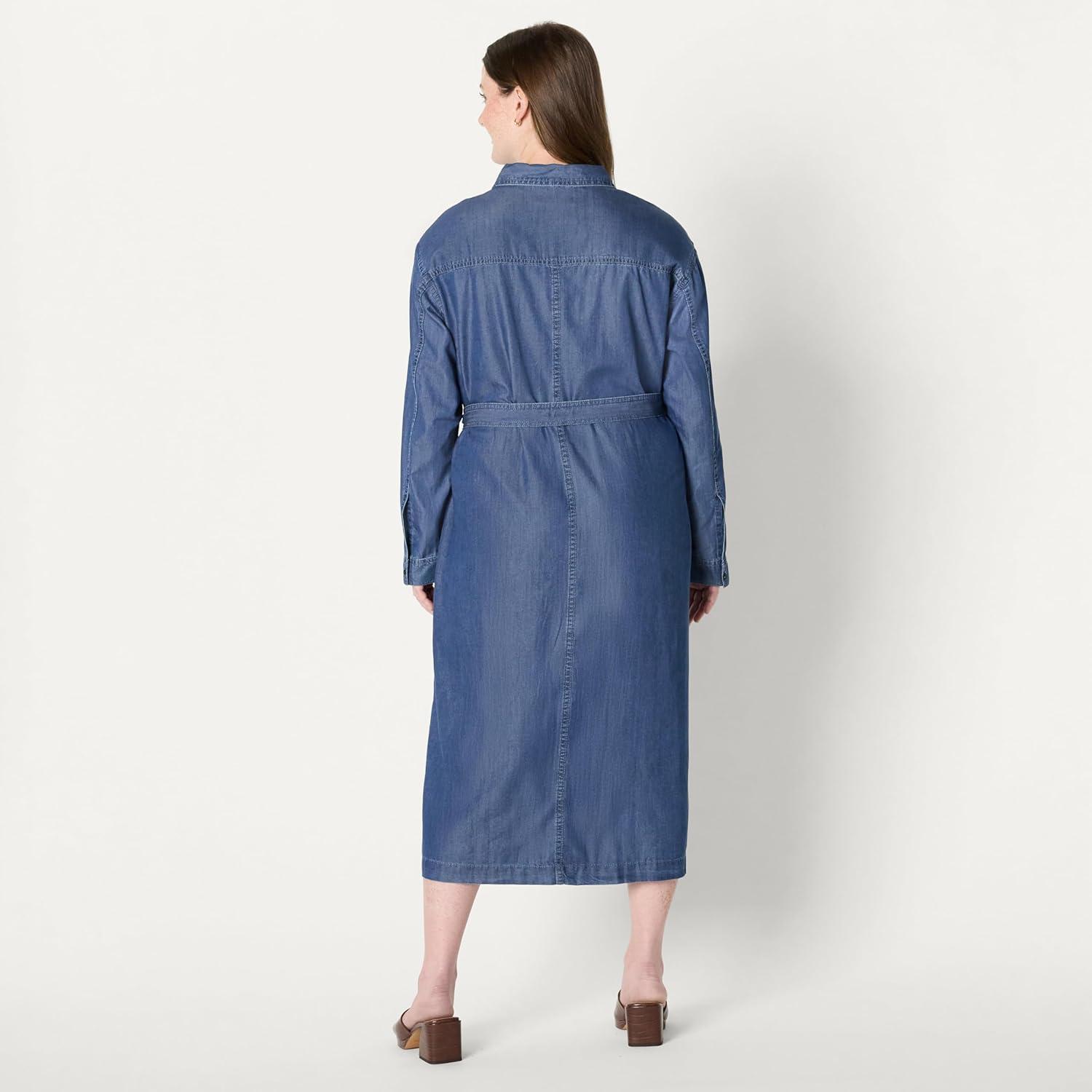 imageAmazon Essentials Womens RegularFit Denim Chambray LongSleeve ButtonUp Midi DressClassic Medium Wash