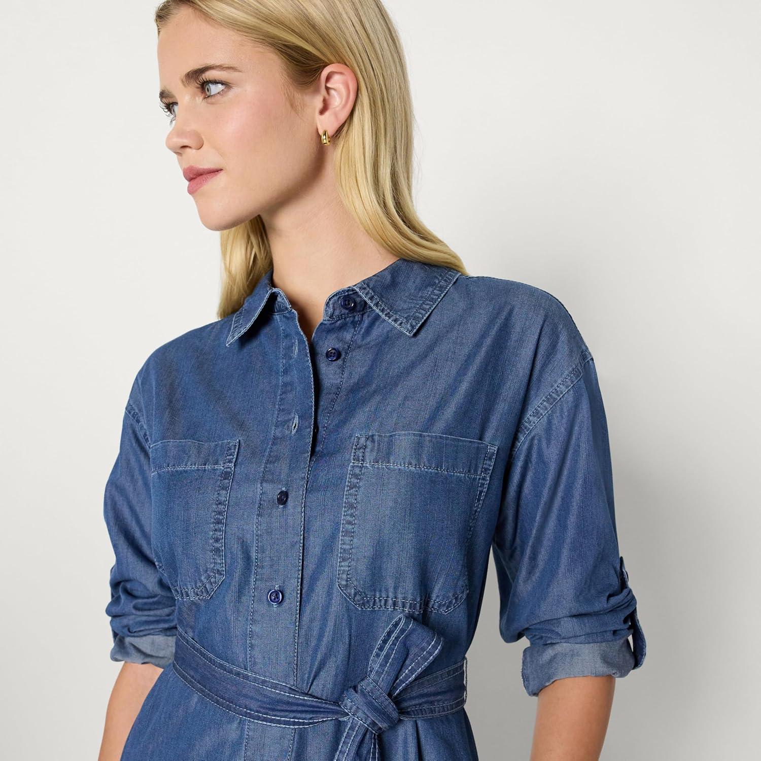 imageAmazon Essentials Womens RegularFit Denim Chambray LongSleeve ButtonUp Midi DressClassic Medium Wash