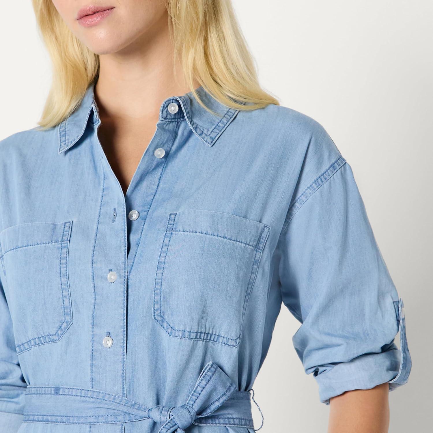 imageAmazon Essentials Womens RegularFit Denim Chambray LongSleeve ButtonUp Midi DressIced Blue Light Wash