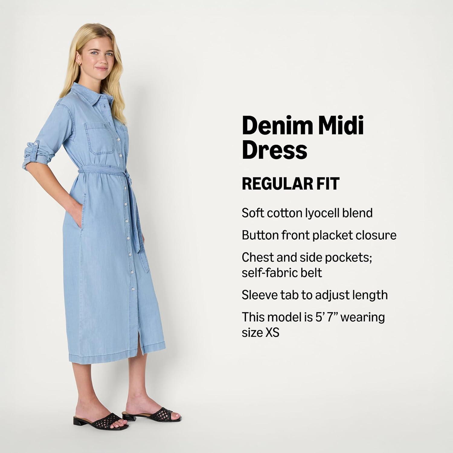 imageAmazon Essentials Womens RegularFit Denim Chambray LongSleeve ButtonUp Midi DressIced Blue Light Wash