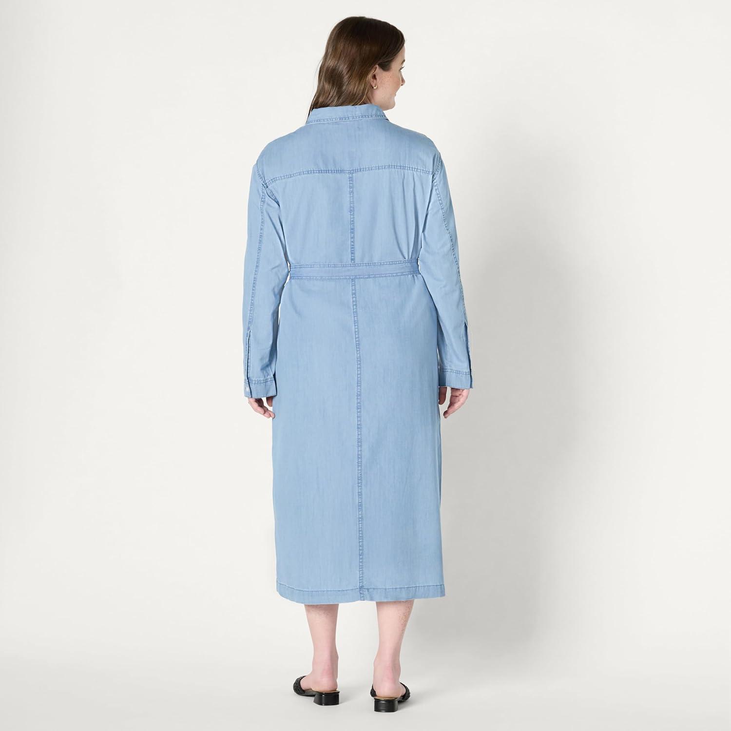 imageAmazon Essentials Womens RegularFit Denim Chambray LongSleeve ButtonUp Midi DressIced Blue Light Wash