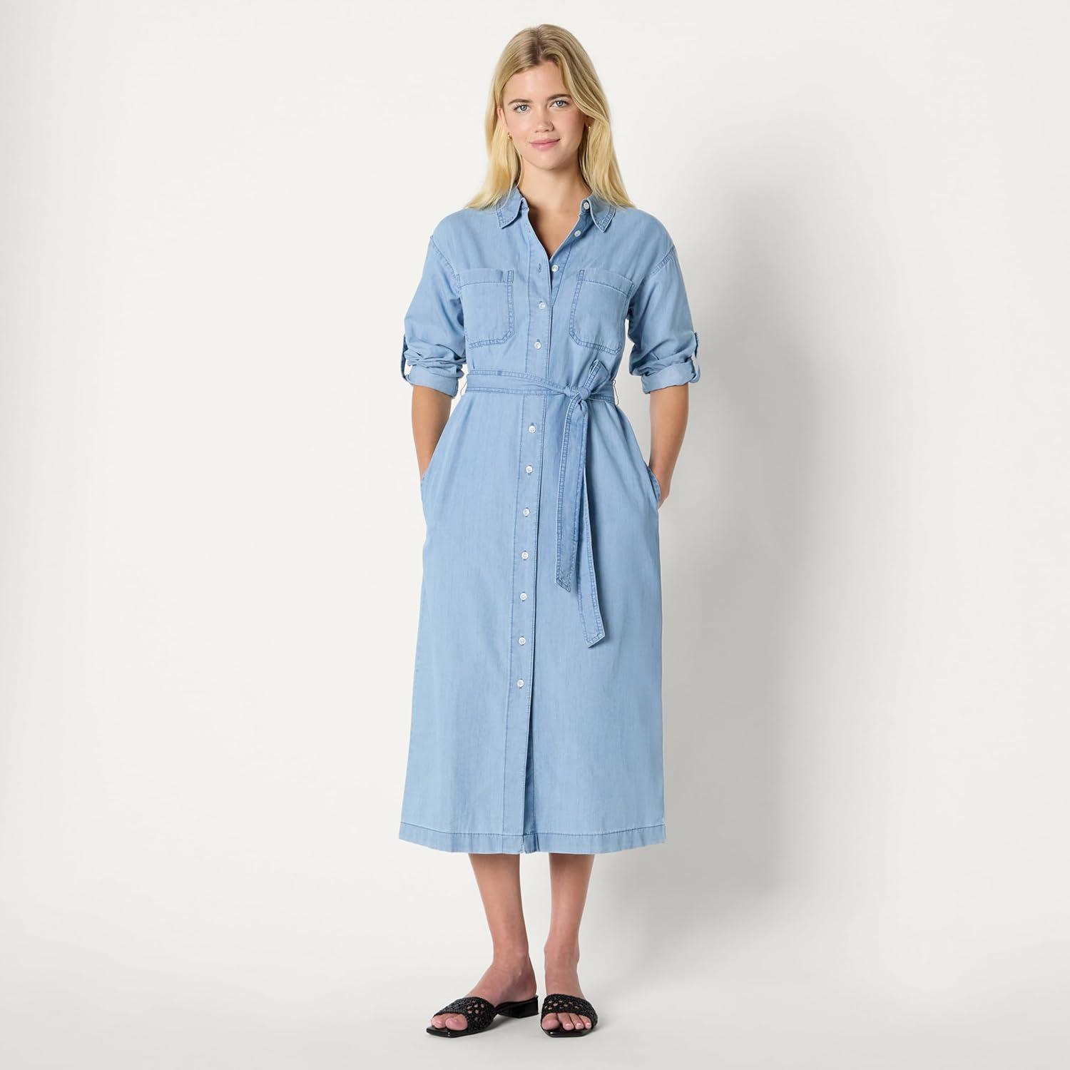 imageAmazon Essentials Womens RegularFit Denim Chambray LongSleeve ButtonUp Midi DressIced Blue Light Wash