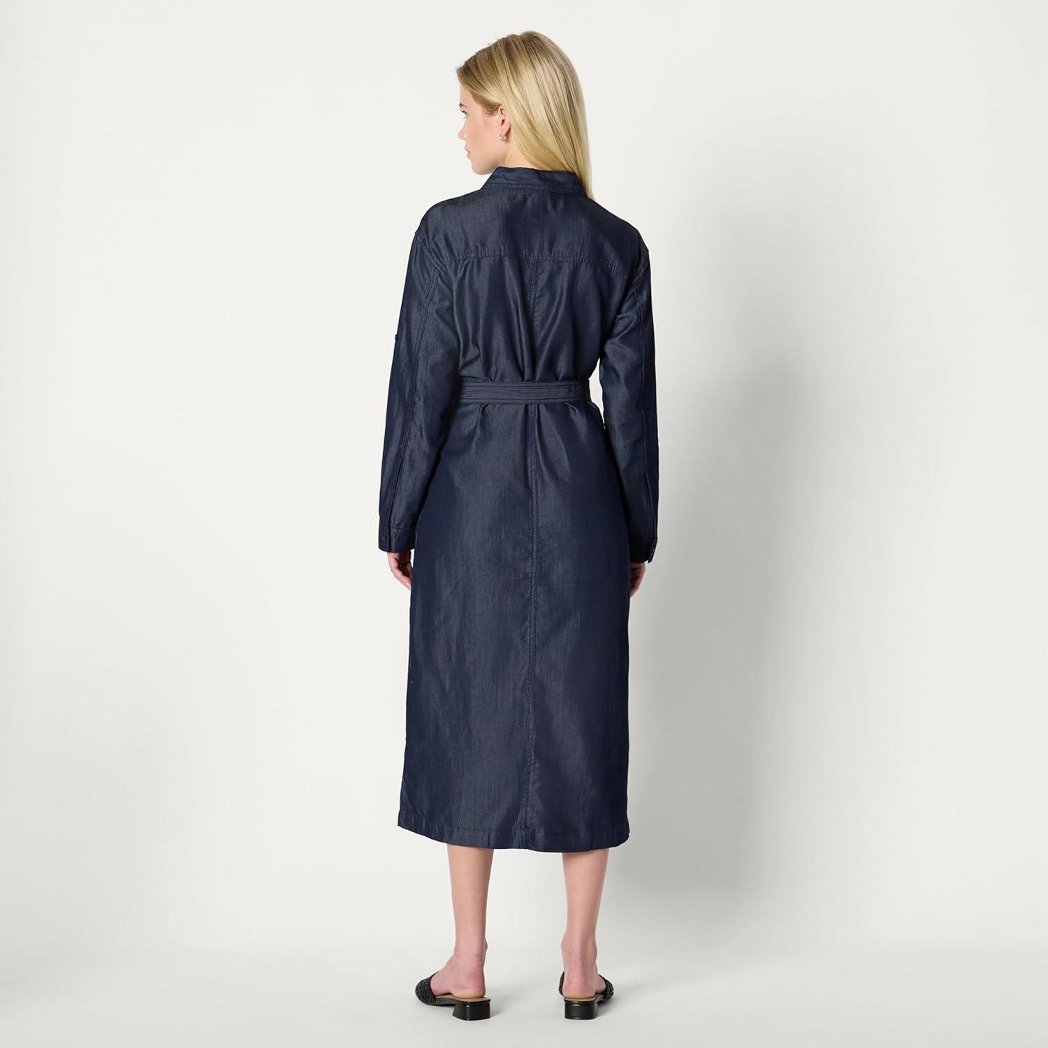 imageAmazon Essentials Womens RegularFit Denim Chambray LongSleeve ButtonUp Midi DressRinse