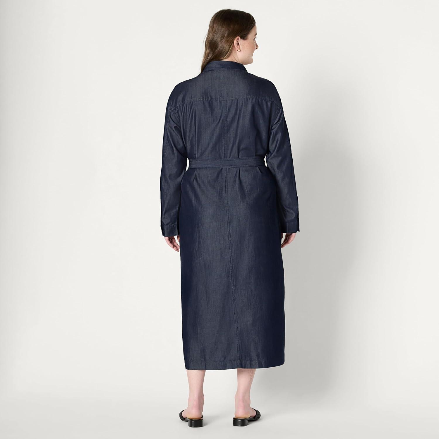 imageAmazon Essentials Womens RegularFit Denim Chambray LongSleeve ButtonUp Midi DressRinse