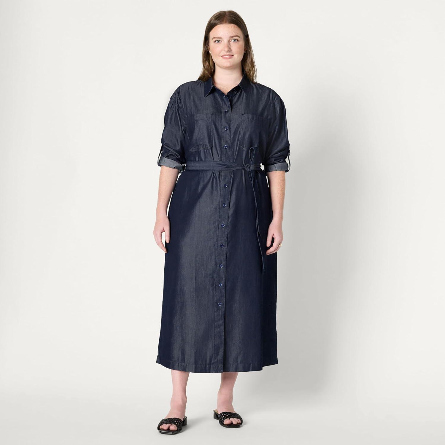 imageAmazon Essentials Womens RegularFit Denim Chambray LongSleeve ButtonUp Midi DressRinse