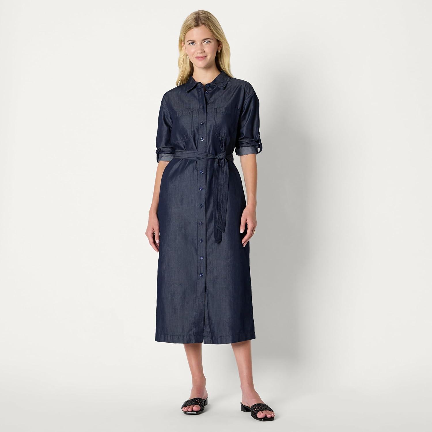 imageAmazon Essentials Womens RegularFit Denim Chambray LongSleeve ButtonUp Midi DressRinse