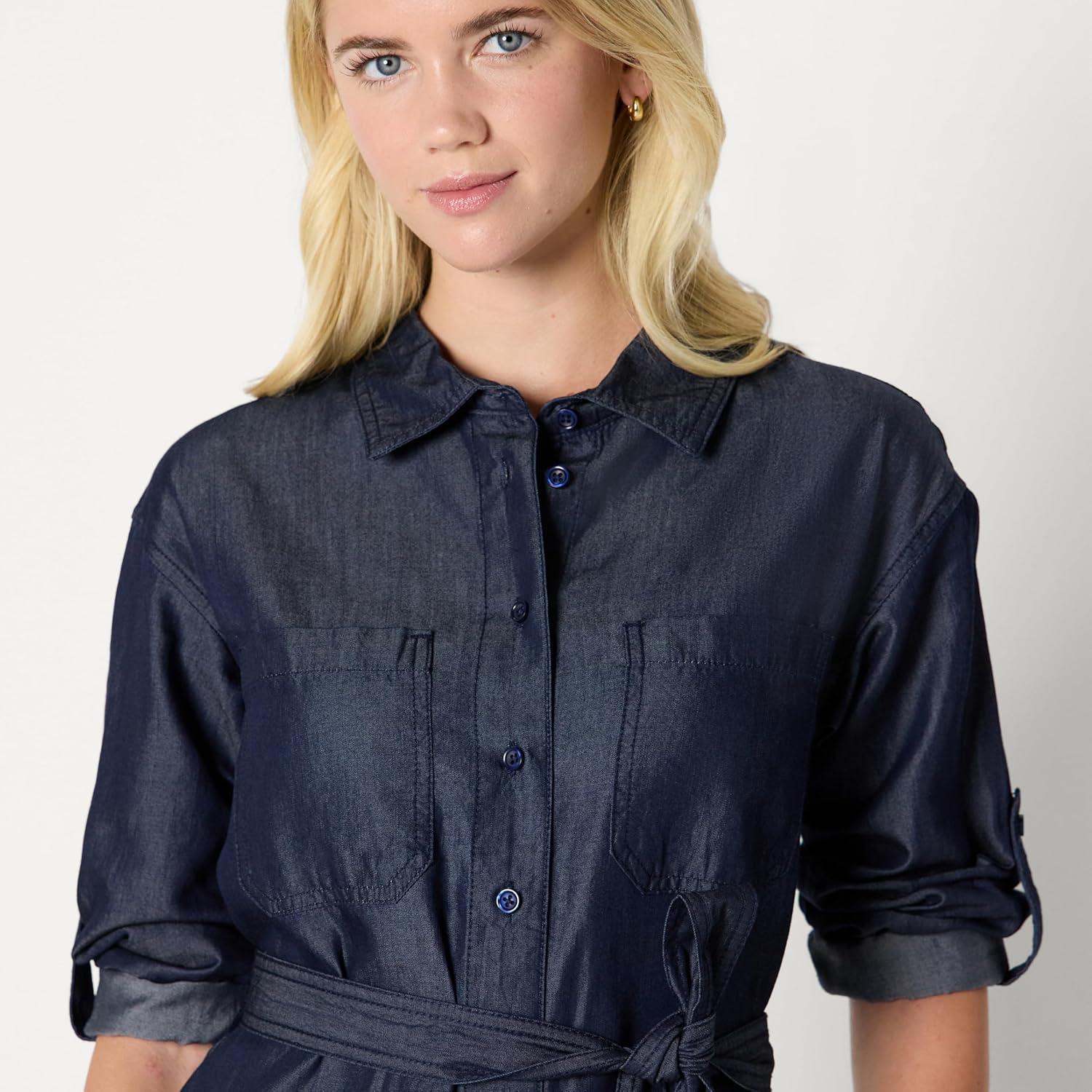 imageAmazon Essentials Womens RegularFit Denim Chambray LongSleeve ButtonUp Midi DressRinse