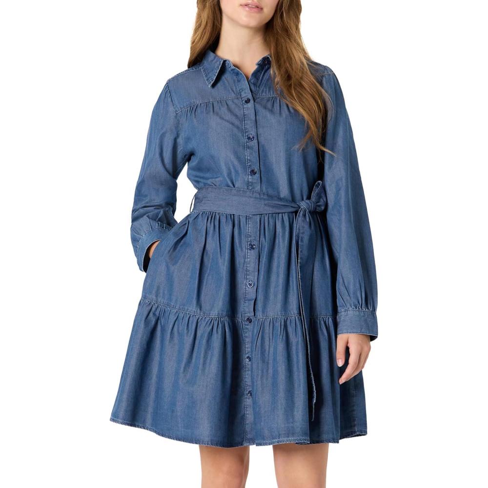 imageAmazon Essentials Womens Fit and Flare Denim Chambray LongSleeve Tiered ShirtdressClassic Medium Wash