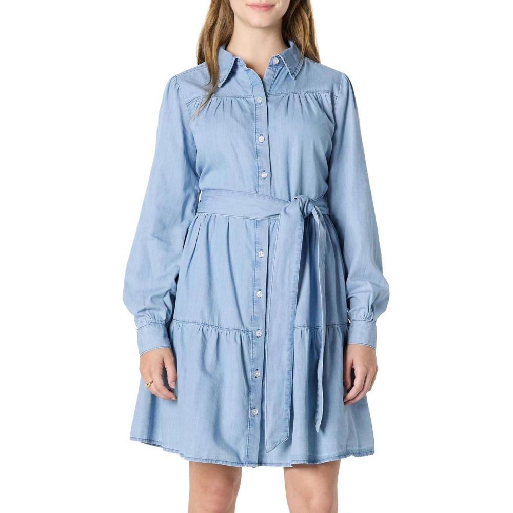 imageAmazon Essentials Womens Fit and Flare Denim Chambray LongSleeve Tiered ShirtdressIced Blue Light Wash