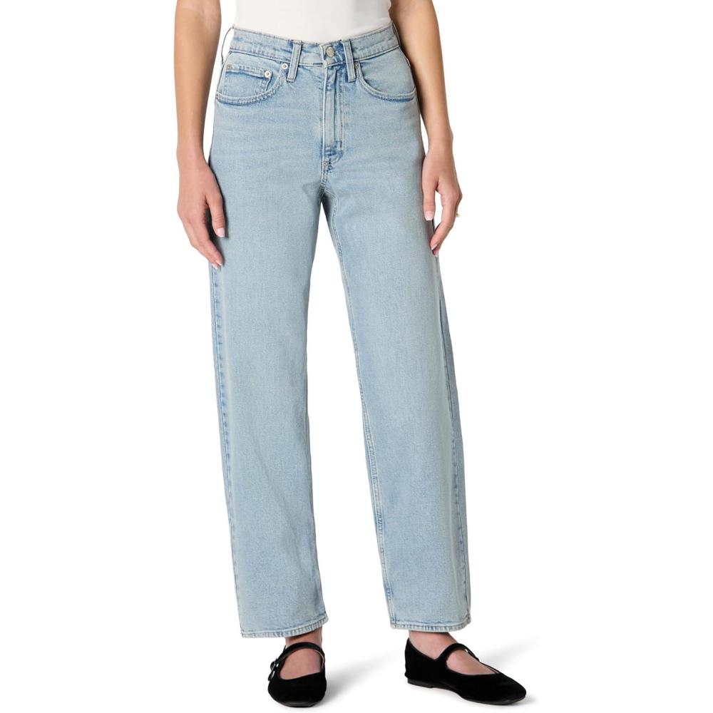 imageAmazon Essentials Womens Low Stretch HighRise Barrel Leg JeansIced Light Wash