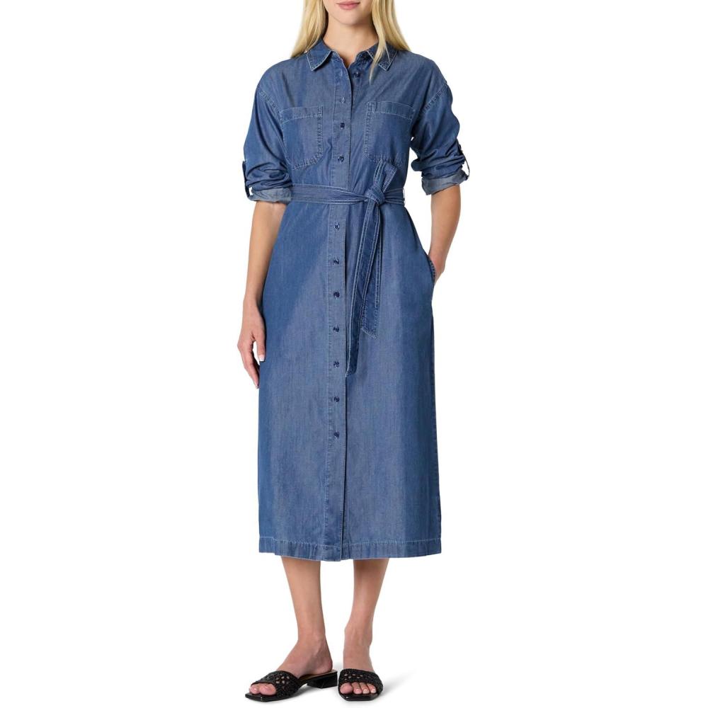imageAmazon Essentials Womens RegularFit Denim Chambray LongSleeve ButtonUp Midi DressClassic Medium Wash
