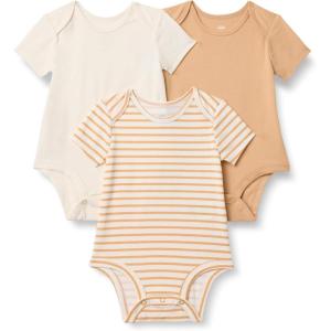 imageAmazon Essentials x Sofia Grainge Unisex Babies Short Sleeve Crewneck Bodysuit Pack of 3IvoryLight CamelStripe