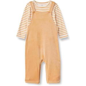 imageAmazon Essentials x Sofia Grainge Unisex Babies Velour Overall and Long Sleeve Bodysuit Set Pack of 2Light CamelStripe