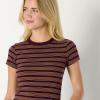 imageAmazon Essentials Womens SlimFit Stretch Rib ShortSleeve TeeBurgundy Brown Stripe