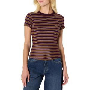 imageAmazon Essentials Womens SlimFit Stretch Rib ShortSleeve TeeBurgundy Brown Stripe