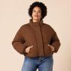 imageAmazon Essentials Womens Cropped FullZip Puffer Jacket Quilted Matte or Sherpa FleeceDeep Brown