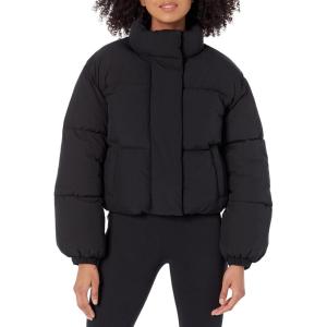 imageAmazon Essentials Womens Cropped FullZip Puffer Jacket Quilted Matte or Sherpa FleeceBlack